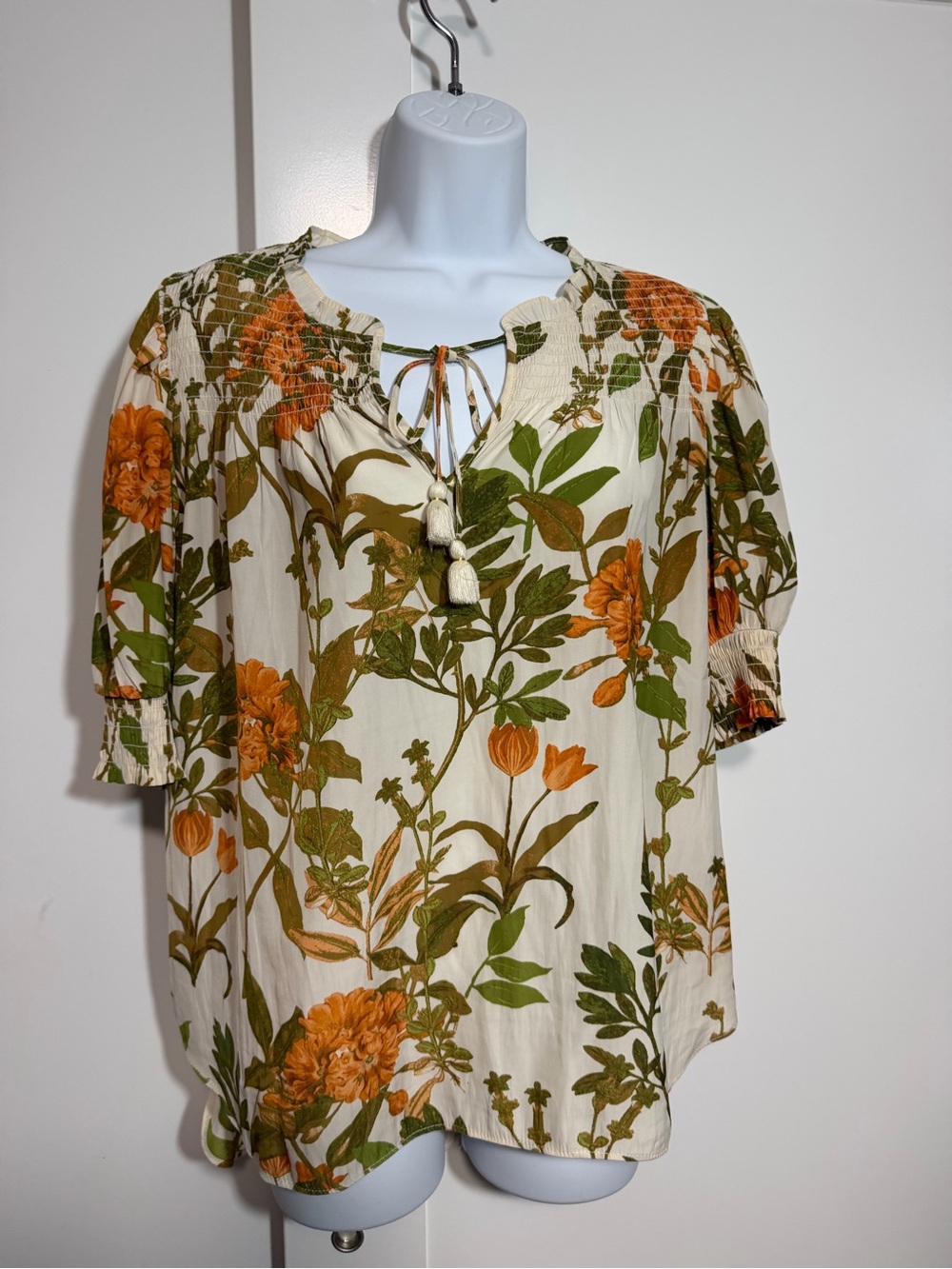 Floral Peasant Blouse Tassel Tie Cream Orange Feminine Office Wear Size Medium - Picture 2 of 9